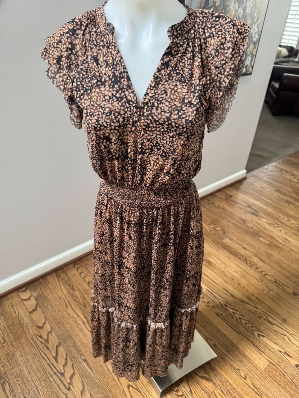 Roan + Ryan Emberly Printed Smocked Midi Dress Brown Size XS